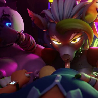 five nights at freddy's, glamrock chica (fnaf), gregory (fnaf), roxanne wolf (fnaf), 2girls1boy, big breasts, blowjob, furry, pov, 3d, animated, tagme, video