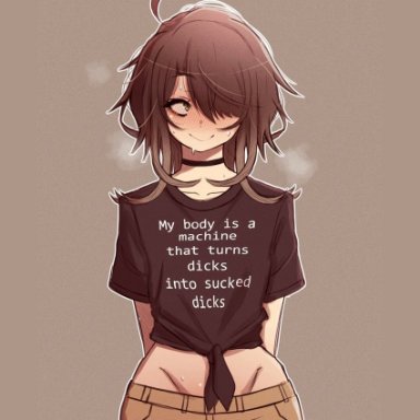 rinni (naoillus), naoillus, 1girls, brown hair, female, fuck-me shirt, green eyes, hair over one eye, lowered pants, messy hair, nervous, nervous smile, nervous sweat, ribbon choker, simple background