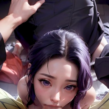 demon slayer, kimetsu no yaiba, kochou shinobu, 1boy, 1boy1girl, 1girls, ass grab, bed, blowjob, breasts, clothed, fellatio, looking at viewer, looking down, medium hair