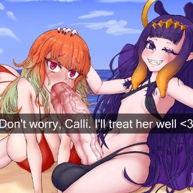 hololive, hololive english, snapchat, ninomae ina'nis, takanashi kiara, rulean, 1futa, 1girls, balls, bangs, beach, big balls, big breasts, big penis, blowjob