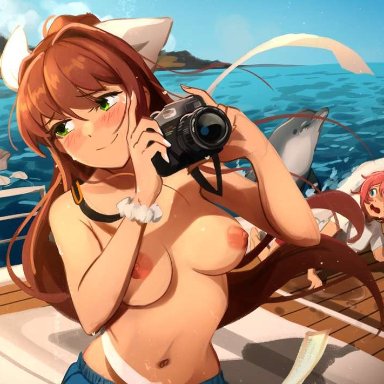 doki doki literature club, khyleri, 2girls, big breasts, bikini top, blue eyes, blue sky, blush, blush lines, boat, bow, bra, breasts, camera, dolphin