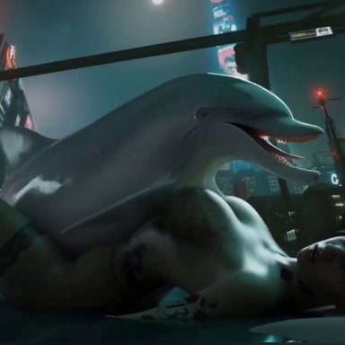cyberpunk 2077, judy alvarez, beastlyjoe, 1animal, 1girls, animal penis, anus, areolae, ass, bouncing ass, bouncing breasts, breasts, cowgirl position, deep penetration, dolphin