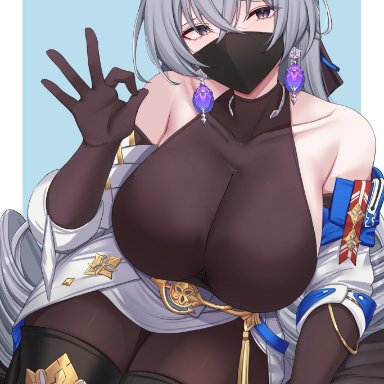 honkai: star rail, bronya rand, kanta (kanta 077), 1girls, bodystocking, boots, cleavage, earrings, gloves, grey eyes, grey hair, large breasts, mask, thighhigh boots