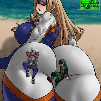 boku no hero academia, my hero academia, izuku midoriya, midoriya izuku, miruko, mount lady, takeyama yuu, usagiyama rumi, shosho oekaki, 1boy, 2girls, ass, big ass, big breasts, big butt