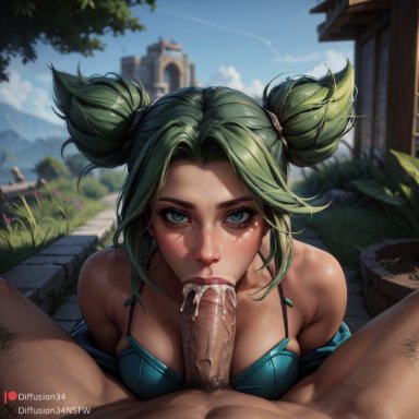 league of legends, riot games, zeri (league of legends), diffusion34, :&gt;=, 1boy, 1boy1girl, 1girls, bare shoulders, belly, belly button, big breasts, blowjob, blowjob face, breasts