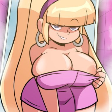 gravity falls, pacifica northwest, grimphantom, 1girls, aged up, areolae, bent over, big breasts, blonde hair, blue eyes, curvy, earrings, hand support, huge breasts, huge hips