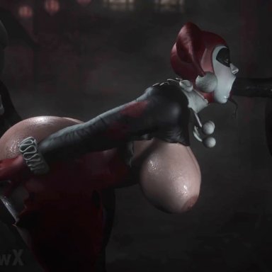 harley quinn, harley quinn (classic), icyshadowx, anal, ass, blowjob, dark-skinned male, huge ass, huge breasts, oral, spitroast, sweat, animated, sound, tagme