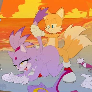 sega, sonic (series), sonic the hedgehog (series), blaze the cat, tails, blanfrank, 1boy, 1girls, 2 tails, age difference, ahe gao, all fours, ambiguous penetration, anthro, anthro on anthro