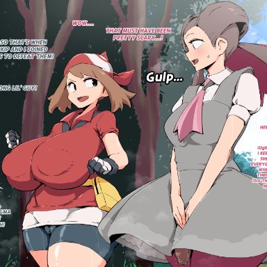 nintendo, pokemon, pokemon rse, may (pokemon), roxanne (pokemon), woohyoot, 1futa, 1girls, alternate breast size, big breasts, breasts, brown hair, clothed, clothing, curvy