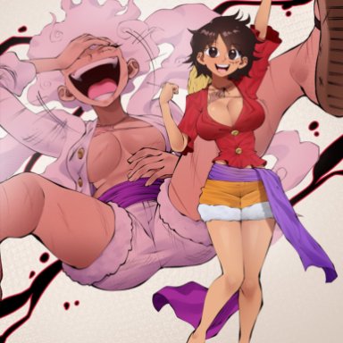 one piece, shounen jump, gear 5 luffy, monkey d luffy, flytrapxx, 1girls, big breasts, breasts, bruise, bruises, busty, curves, curvy, curvy body, curvy female