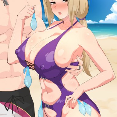 naruto, naruto (series), naruto shippuden, anon, tsunade, lancer24, beach, big breasts, bikini, blonde hair, blush, blush lines, boner, cleavage, condom