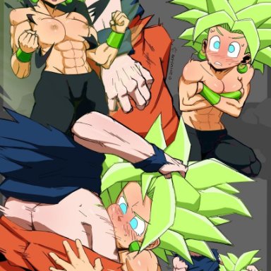 dragon ball, kefla, son goku, coli, coliboly, abs, blowjob, blowjob face, breasts, bulge, choking, choking on cock, cum, cum in mouth, cute