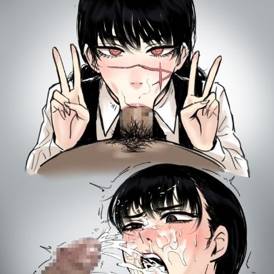 chainsaw man, mitaka asa, war devil (chainsaw man), akisora, akizora, :&gt;=, 1boy, 1boy1girl, 1girls, asian female, bangs, black hair, blowjob, brown eyes, cum