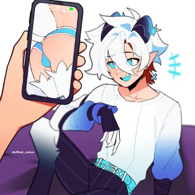 caelum(vtuber), caelum vt, big ass, blush, booty shorts, casual, clothed, clothing, femboy, holding object, implied sex, male, male only, phone, phone screen