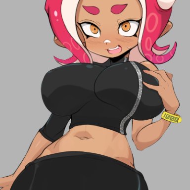 nintendo, splatoon, splatoon (series), splatoon 2, splatoon 2: octo expansion, agent 8 (splatoon), octoling, octoling girl, jellcaps, big breasts, clothing, erect nipples under clothes, hourglass figure, midriff, navel