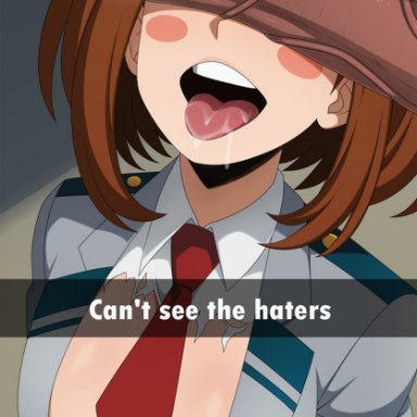 boku no hero academia, my hero academia, ochako uraraka, uraraka ochako, dkir, 1boy, 1girls, ahe gao, ahegao, breasts, brown hair, cleavage, dark skin, dark-skinned male, heart-shaped pupils