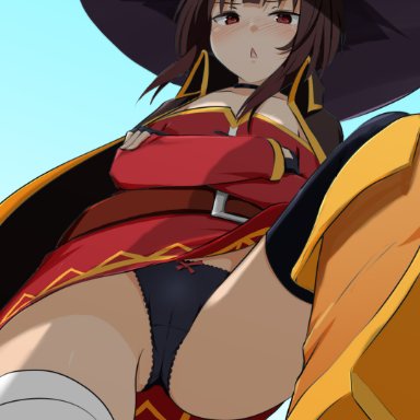 megumin, sirokohi, asymmetrical legwear, bandaged leg, bandages, belt, black panties, black thighhighs, blush, button eyes, cameltoe, cape, dress, fingerless gloves, from below