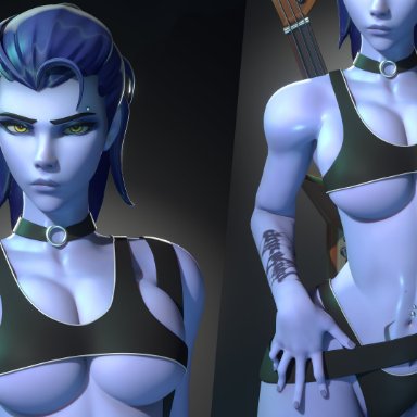 overwatch, widowmaker, breadblack, 1girls, big breasts, breasts, cleavage, female, female only, guitar, large breasts, solo, tattoo, underboob, 3d
