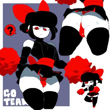 scythe (dizzyspells), dizzyspells, 1boy, absolute territory, aliasing, back, bulge, cheerleader, cheerleader uniform, crossdressing, femboy, hourglass figure, panties, pom poms, skirt