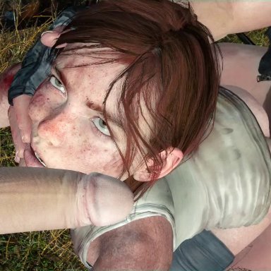 naughty dog, the last of us 2, ellie (the last of us), xentho, 1girls, 2boys, ambiguous penetration, ass, brown hair, face slapping, female, female focus, female penetrated, green eyes, jeans