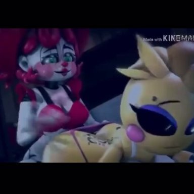 five nights at freddy's, fnaf, baby (fnafsl), circus baby, circus baby (fnaf), toy chica (eroticphobia), toy chica (fnaf), 1futa, 1girls, big ass, big breasts, cum, cumshot, female, futa on female