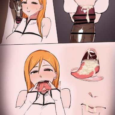 bleach, arrancar, inoue orihime, giga, 1girl1boy, cum in mouth, cum inside, cum on tongue, dark-skinned male, light-skinned female, lipstick mark, lipstick on penis, swallowing, swallowing cum, tongue out