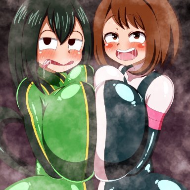 boku no hero academia, my hero academia, asui tsuyu, asui tsuyu (hero outfit), ochako uraraka, tsuyu asui, uraraka ochako, uraraka ochako (hero outfit), pencil3693, fully clothed, huge breasts, large breasts