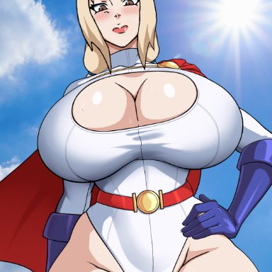 dc, dc comics, naruto, naruto shippuden, power girl, tsunade, naruho, naruko89, angry, big breasts, blonde hair, blush, brown eyes, busty, cleavage