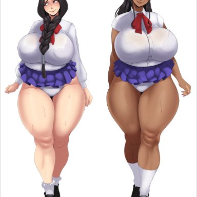 bleach, one piece, shounen jump, shueisha, weekly shonen jump, nico robin, unohana retsu, sunnysundown, 2girls, big breasts, bra, bra visible through clothes, braided hair, calf socks, dark skin