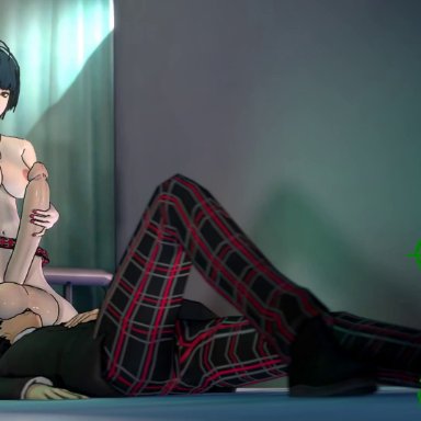 persona, persona 5, joker (persona), tae takemi, sfmslayer, 1boy, breasts, female, futa on male, futanari, masturbation, nipples, office, penis, sleeping