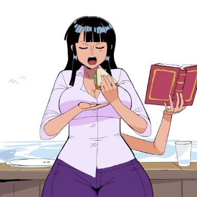 one piece, nico robin, lewdlemage, swell reads, belly expansion, burping, button pop, expansion, sandwich, weight gain, animated, mp4, pre-timeskip, sound, tagme