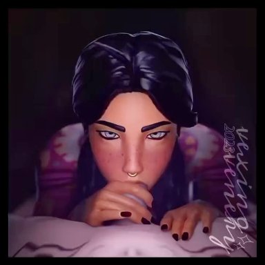 epic games, fortnite, jules (fortnite), midas (fortnite), vexingvenery, 1boy, 1girls, black border, black hair, blowjob, blowjob face, braid, braided hair, braided ponytail, closed eyes