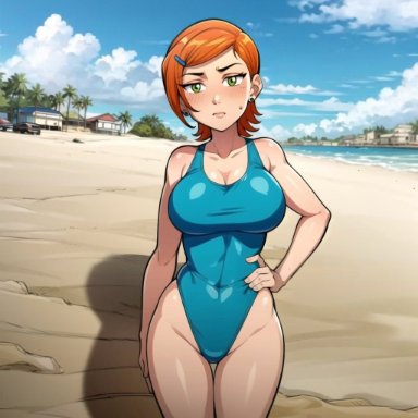 ben 10, cartoon network, gwen tennyson, cats62, 1girls, aged up, beach, big breasts, blue one-piece swimsuit, blue swimsuit, blush, breasts, cleavage, earrings, female