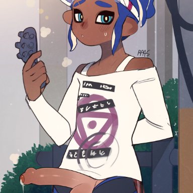 splatoon, octoling, octoling boy, ra4s, 1boy, balls, big penis, blue eyes, blue hair, booty shorts, cum, dark skin, dark-skinned male, erection, femboy