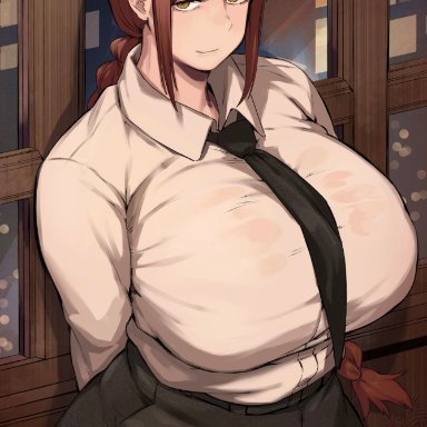 chainsaw man, makima (chainsaw man), gerogero51, 1girls, big breasts, braid, braided hair, breasts, button down shirt, clothed, female, looking at viewer, pants, red hair, tie