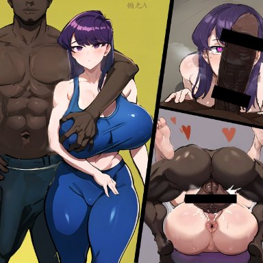 komi-san wa komyushou desu, komi shouko, stable diffusion, 1boy, 1girls, breasts, dark skin, dark-skinned male, heart-shaped pupils, large breasts, lazy without a, light skin, light-skinned female, netorare, penis