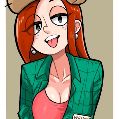 disney, disney channel, gravity falls, wendy corduroy, n k m, 1girls, big breasts, black eyes, breasts, brown background, busty, button down shirt, cleavage, clothed, clothed female