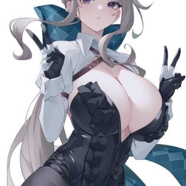 genshin impact, lynette (genshin impact), kaneko (bblogtinhan), :&lt;, 1girls, blush, bow, braid, breasts, cat ears, catgirl, cleavage, female, gloves, grey hair