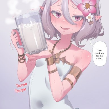 princess connect!, kokkoro (princess connect!), jj.jj, armlet, blush, breasts, chug challenge, covered navel, cum in container, cum in cup, dress, elf, embarrassed, female, flower