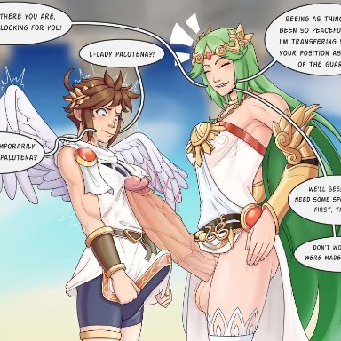 kid icarus, nintendo, palutena, pit, pit (kid icarus), nicoffee, 1boy, 1futa, angel, bottomless, breasts, clothed, clothing, cum on face, duo