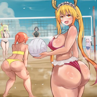 miss kobayashi's dragon maid, elma (dragon maid), kanna kamui, kobayashi, quetzalcoatl (dragon maid), tohru (dragon maid), arachnart, 5girls, ass, beach, beach volleyball, big ass, big breasts, big butt, bikini