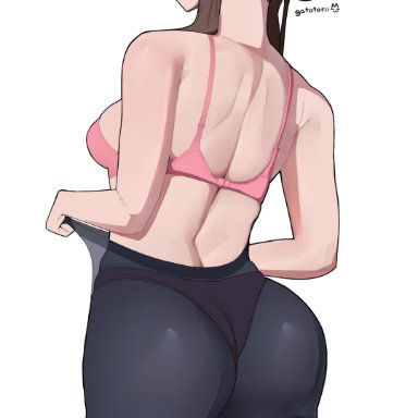 pokemon, pokemon (game), pokemon bw2, rosa (pokemon), gatotorii, 1girls, aqua eyes, ass, black legwear, bra, brown hair, double bun, female, female focus, hair bun