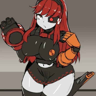 team fortress 2, tf2, mimi sentry, sentry (team fortress 2), big breasts, grey body, gun arm, on knees, red hair, robot, robot girl, thick thighs, tagme