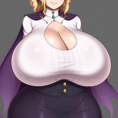 rwby, glynda goodwitch, nai diffusion, stable diffusion, transformationwitch, 1girls, big breasts, bimbo, blonde hair, cape, cleavage, curvaceous, curvy, curvy female, curvy figure