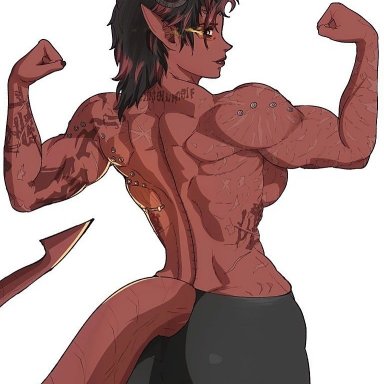 baldur's gate, baldur's gate 3, dungeons and dragons, karlach, tiefling, yoracrab, ass, back, breasts, colored skin, demon girl, demon horns, demon tail, female, horns