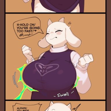 undertale, undertale (series), alphys, toriel, kyurisawa, big breasts, breast expansion, breasts, huge breasts, science fiction, wardrobe malfunction, comic, dialogue, text
