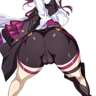 honkai (series), honkai: star rail, kafka (honkai: star rail), j.h., anus, ass, ass focus, back, black jacket, bodysuit, breasts, cameltoe, covered anus, eyewear on head, female