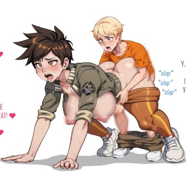 timmy (overwatch), tracer, p-anon, stable diffusion, ass up, doggy style, on all fours, sex, sex from behind, smaller male, taller girl, ai generated, english text
