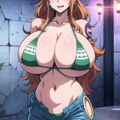one piece, shounen jump, nami, nami (one piece), big breasts, bikini top, breasts, huge breasts, jeans, large breasts, orange hair, slutty outfit, ai generated, post-timeskip