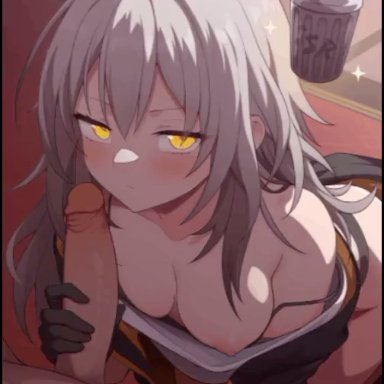 honkai (series), honkai: star rail, stelle (honkai: star rail), waero, 1boy, bare shoulders, black gloves, black jacket, blinking, blowjob, blush, bra, bra pull, breasts, closed mouth